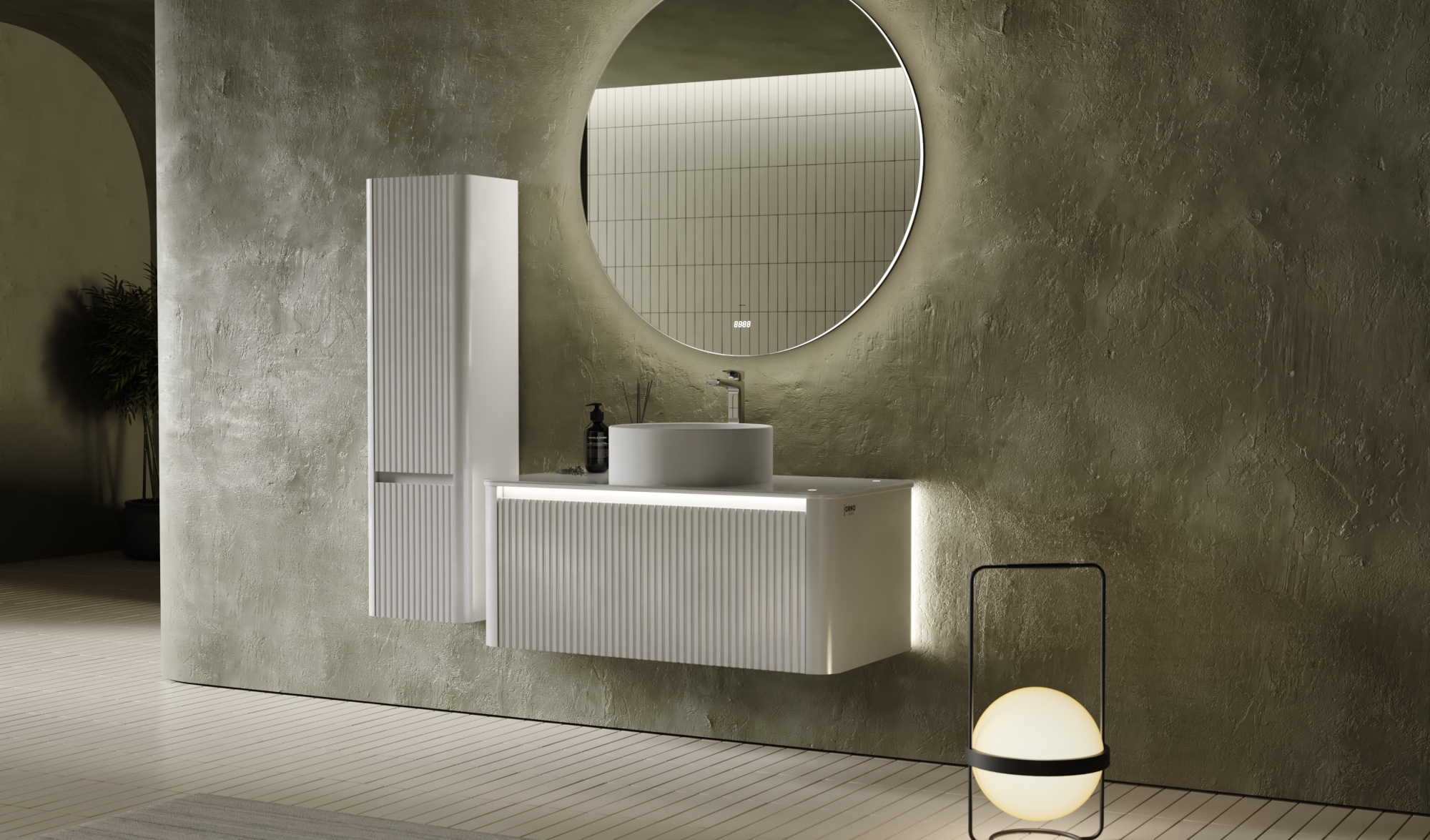 Тумба Lumino 100 белая с покраской в эмали и столешницей из стекла lacobel