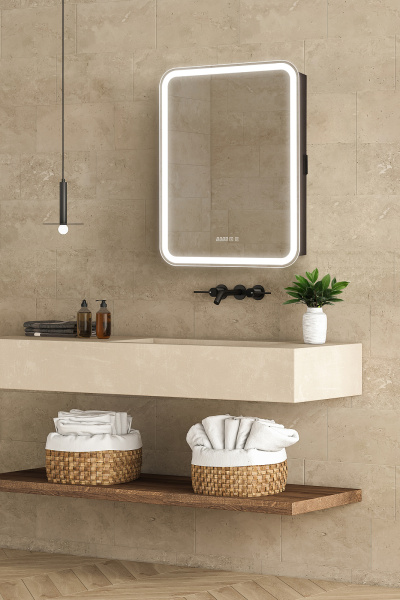 Зеркало-шкаф Правый Ленора Антрацит 60х80 Сенсор 3-6К Часы Антипар