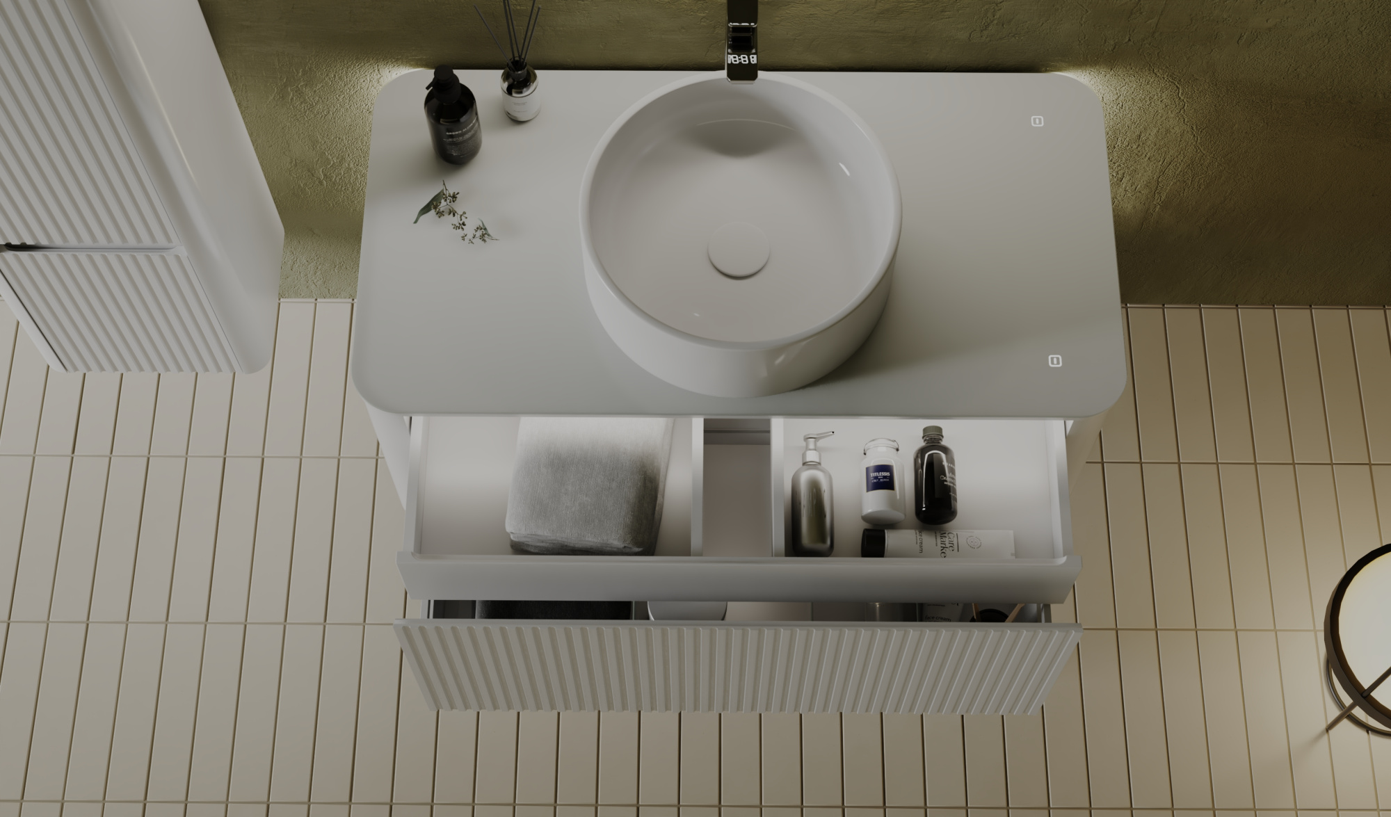 Тумба Lumino 100 белая с покраской в эмали и столешницей из стекла lacobel