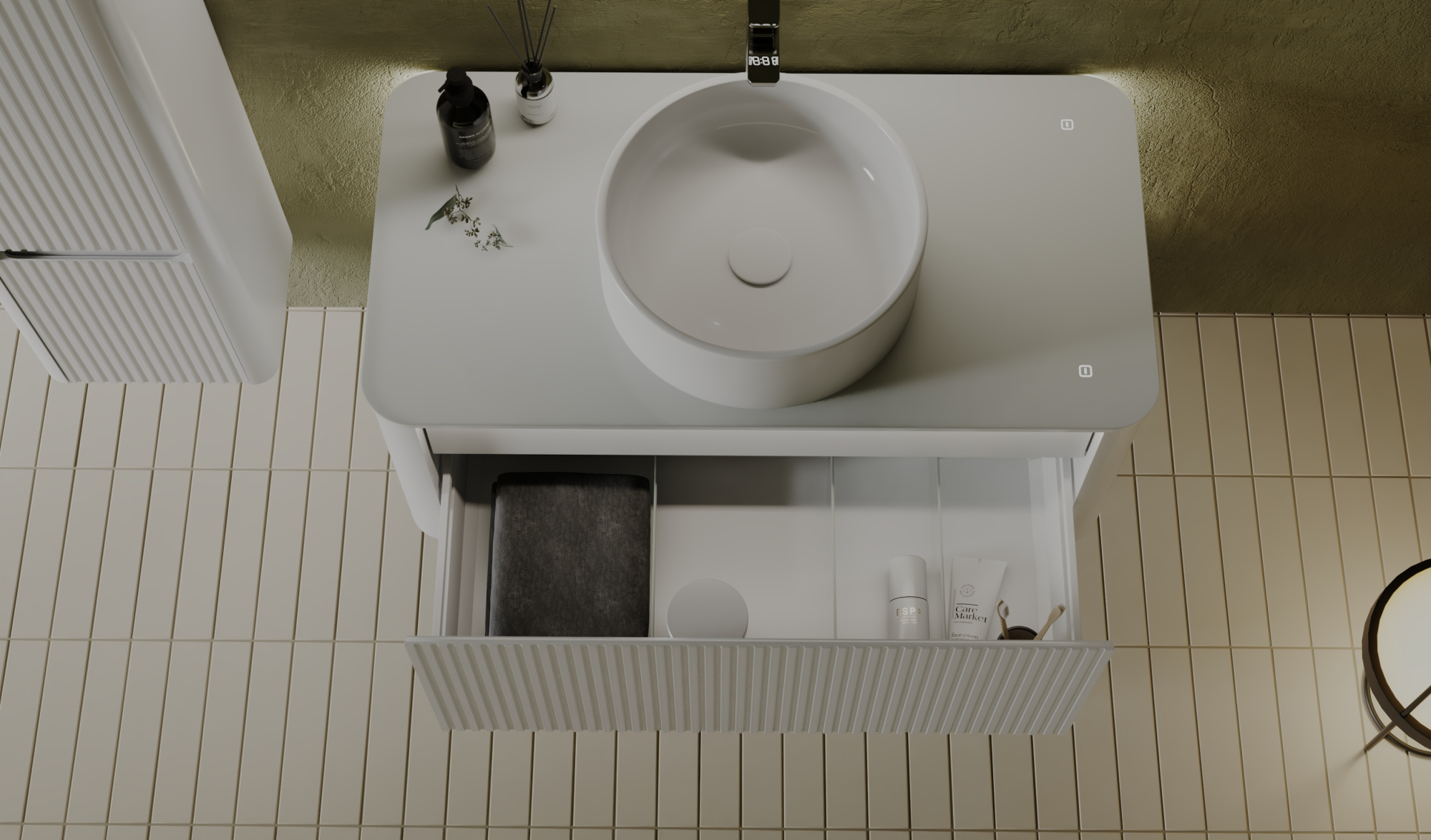 Тумба Lumino 100 белая с покраской в эмали и столешницей из стекла lacobel