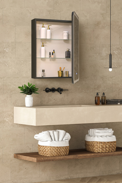 Зеркало-шкаф Правый Ленора Антрацит 60х80 Сенсор 3-6К Часы Антипар