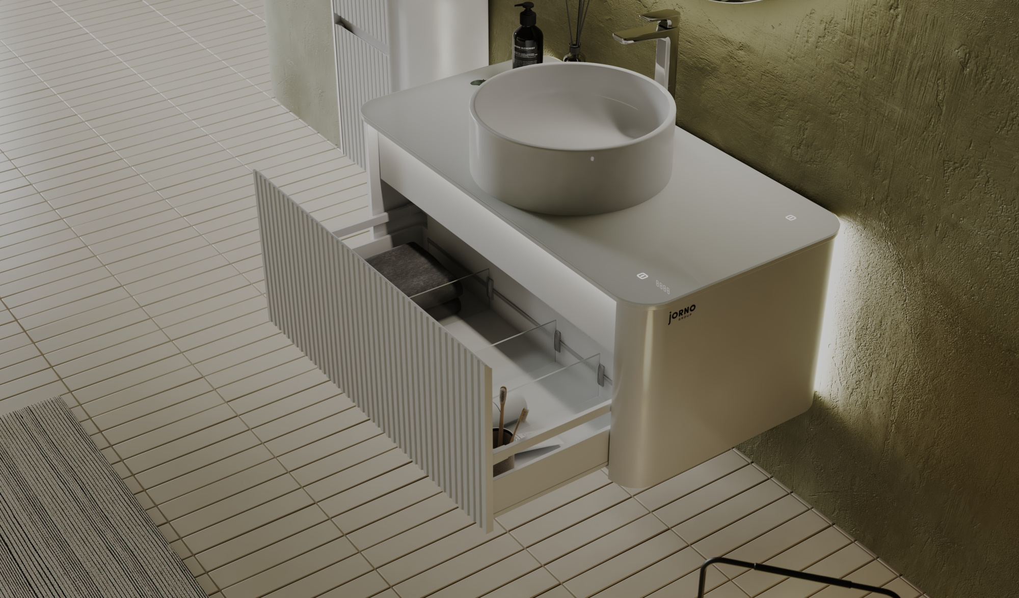 Тумба Lumino 100 белая с покраской в эмали и столешницей из стекла lacobel